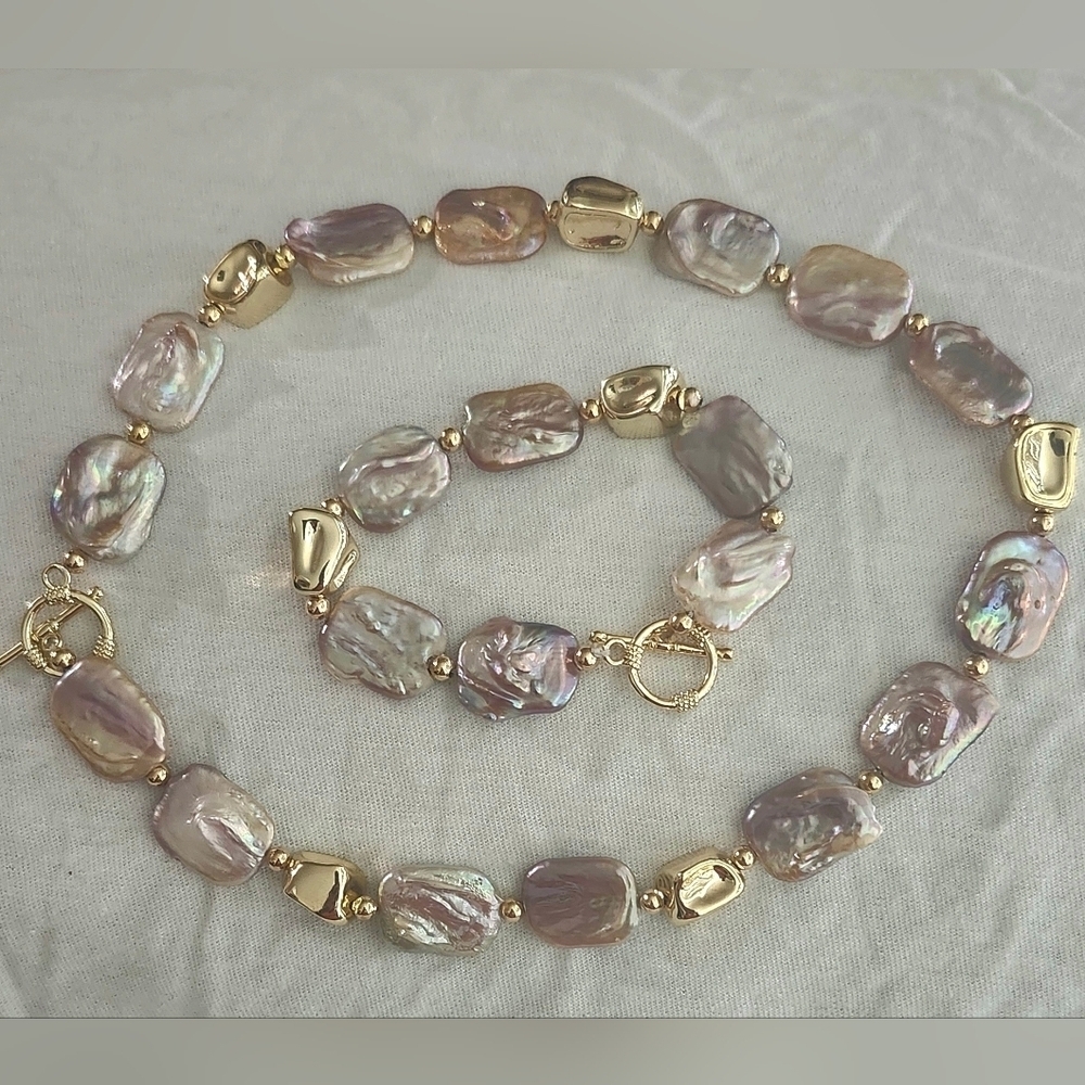 Vibrant Square Freshwater Pearl Necklace & Bracelet Set "Can Be Sold Separated" - Picture 1 of 3